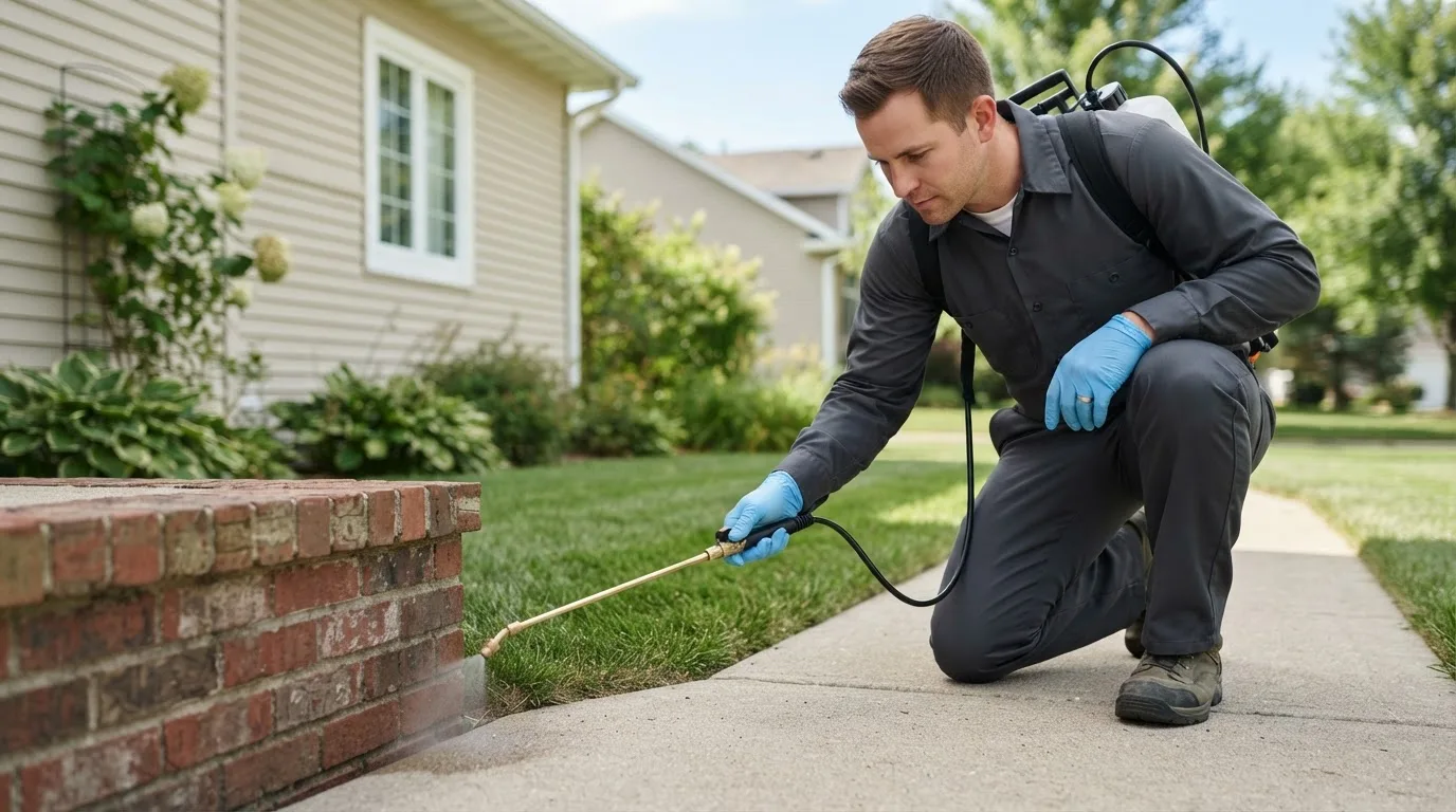 Pest control technician treating a home near West Dennis, MA